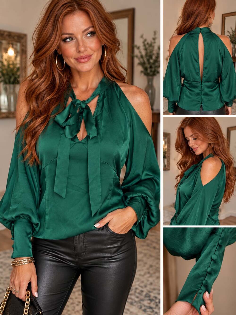 Lulumari Satin Cold Shoulder Tie Neck Blouse Hunter Green